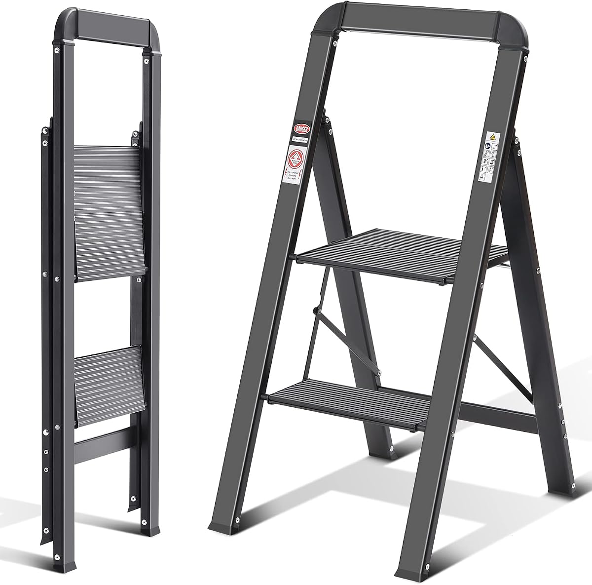 KINGRACK Aluminium 2 Step Ladder, Lightweight Step Stool with Non-Slip Pedals, Handrail, 330LBS Foldable Step Ladder for Kitchen, Garage, Home, Space Saving, Sturdy and Portable, Black