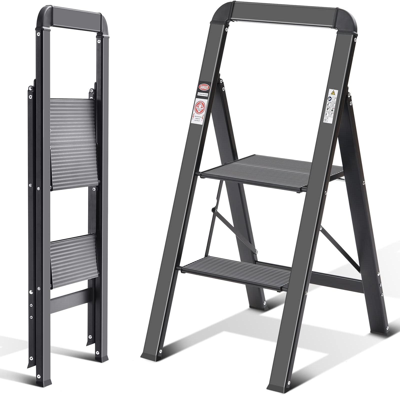 KINGRACK Step Ladder, 2 Steps, Folding Step Ladder with Handrail, Non-Slip Household Ladder with Folding Safety, Aluminium Step Stool, Maximum Load 150 kg, Black