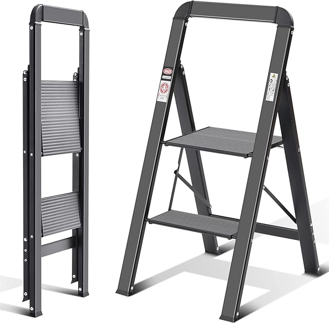 KINGRACK Aluminum Step Ladder with Handle, Folding 2 Step ladder Wide Platform for Kitchen, Pantry, Closets, and Home Office - Indoor Step Stool, Black