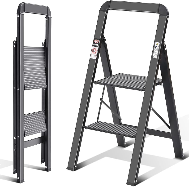 KINGRACK Aluminium 2 Step Ladder, Lightweight Step Stool with Non-Slip Pedals, Handrail, 330LBS Foldable Step Ladder for Kitchen, Garage, Home, Space Saving, Sturdy and Portable, Black