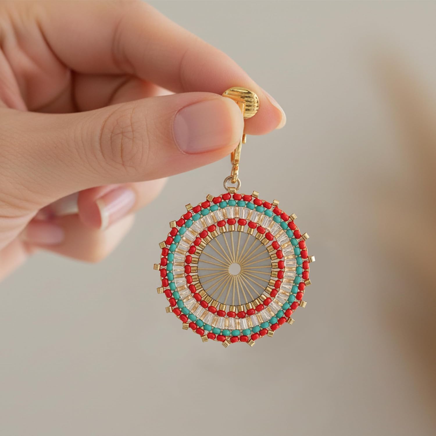 Aloha Earrings Non Pierced Gold Tone Clip On Beaded Circle Dangling Earrings