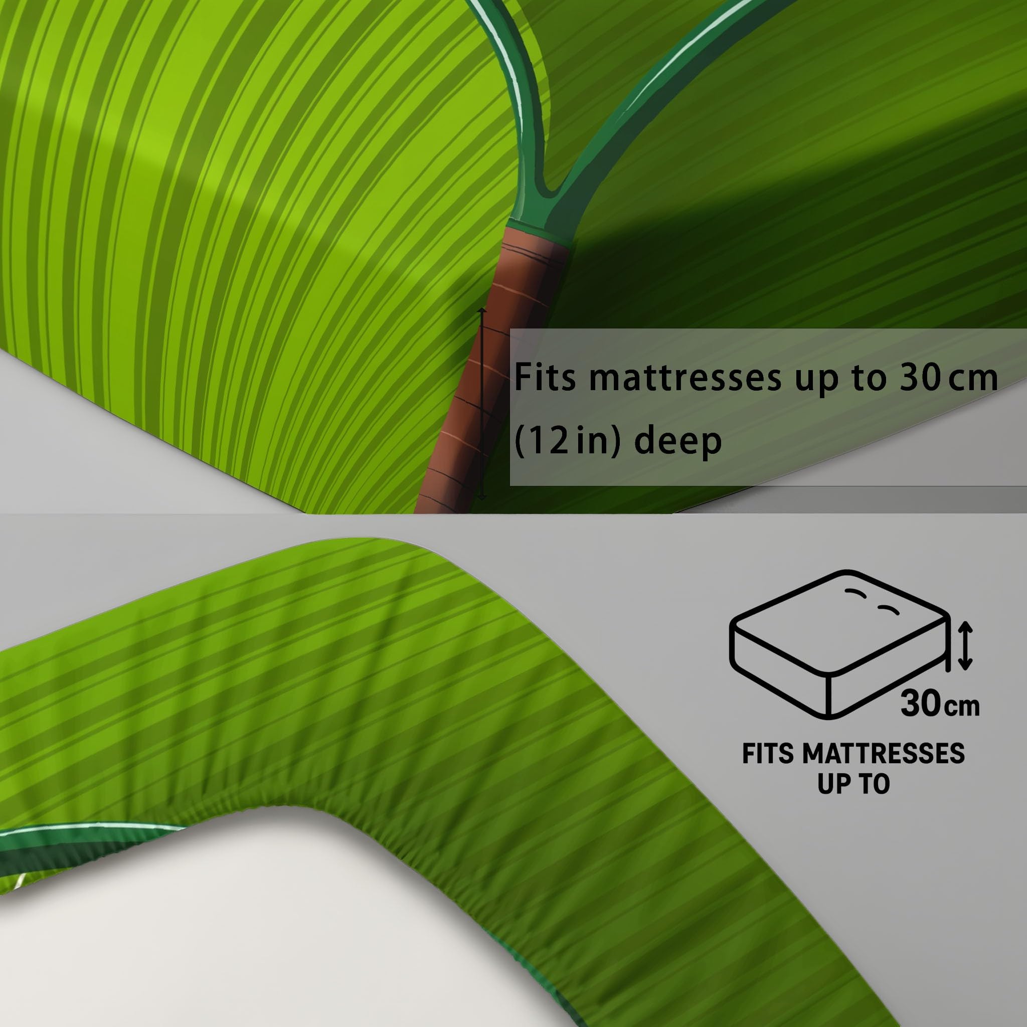 King Fitted Sheets - Bed Sheets Breathable Microfibre Bedding Sets 160 x 200 cm, Sports Grass Tennis Rackets Balls Green Stripes, Hyper-Realistic Retro Vitality, Sports Enthusiasts Teenagers