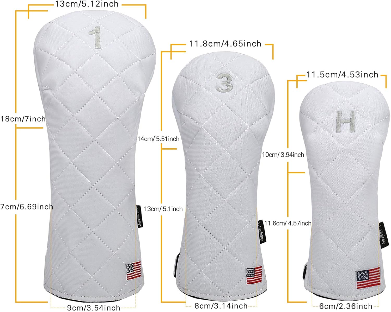 Golf Head Covers Driver Fairway #3#5 Hybrid USA Flag for Club Men Women, (Black or White)