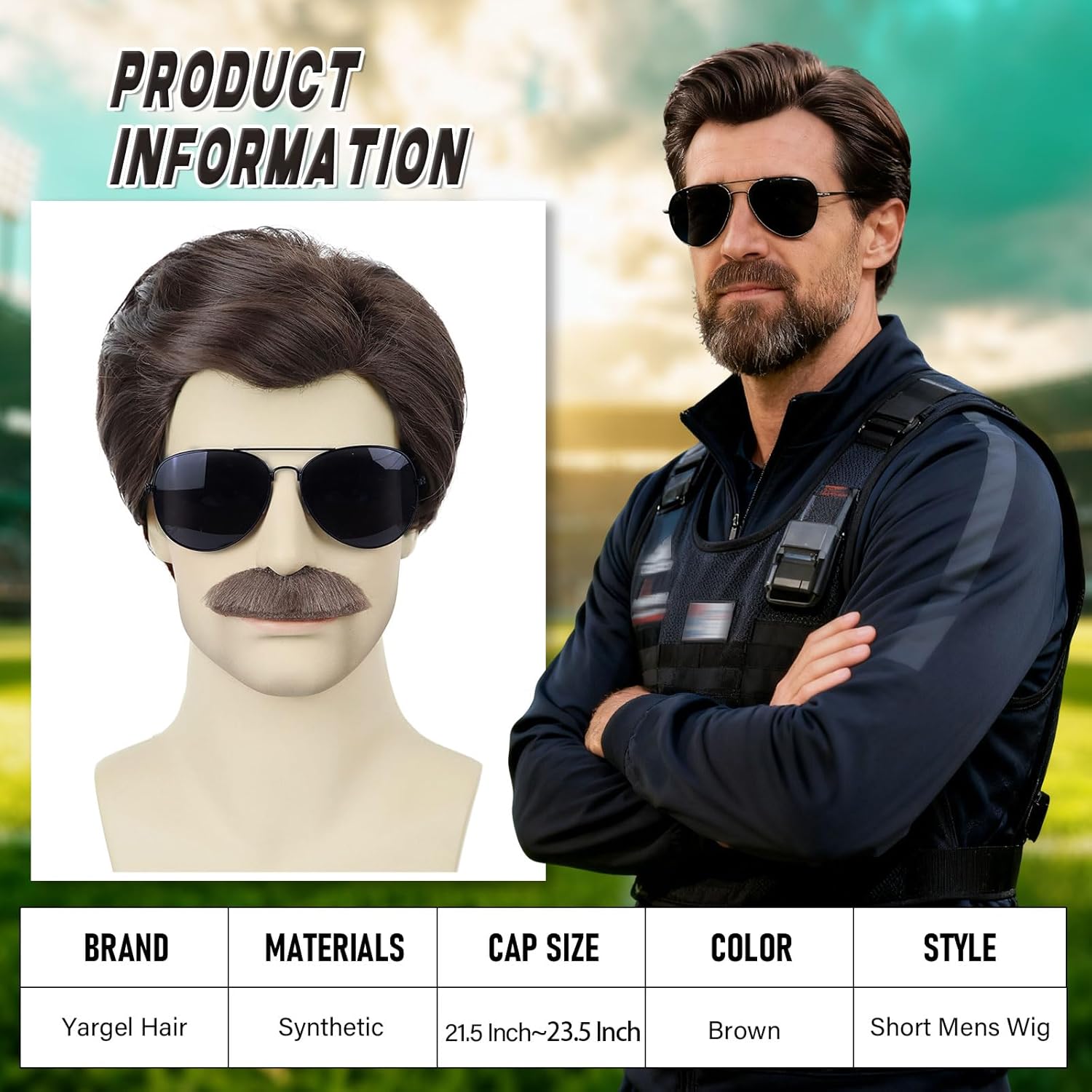 Short Brown Mens Wig With Mustache and Glasses 70s 80s Halloween Costume Cosplay Party Funny Wig (4pcs Set)