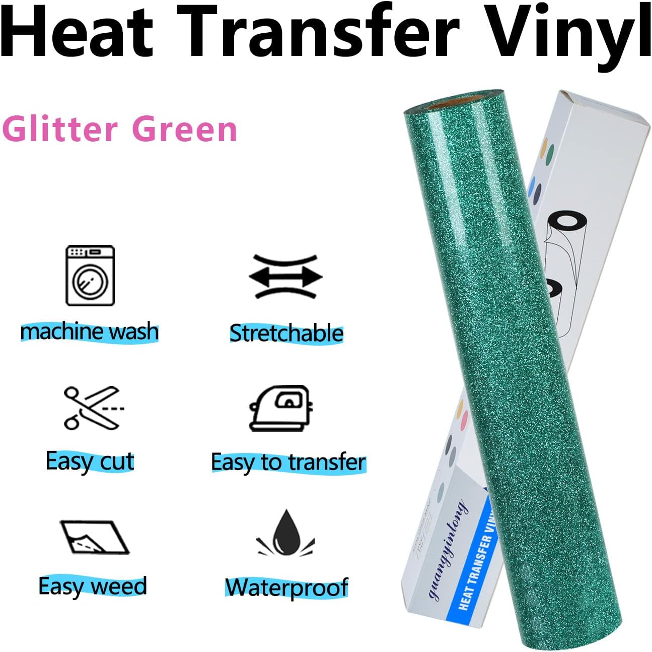 guangyintong Glitter Green Heat Transfer Vinyl HTV Rolls, 12" x 30ft Iron on Vinyl for T-Shirts Glitter Green HTV Vinyl for All Cutter Machines Easy to Cut & Weed for Heat Vinyl Design