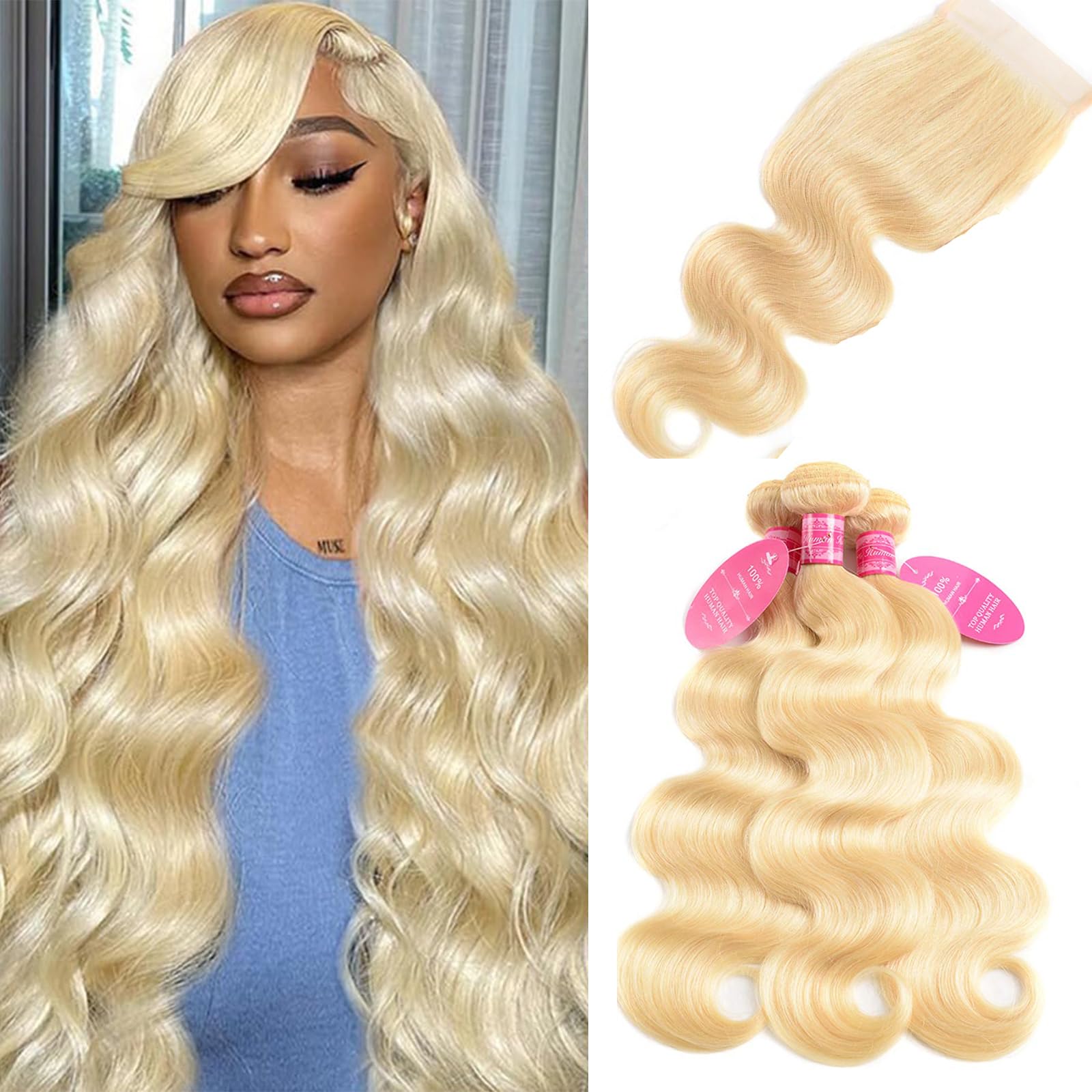Vallbest 613 Bundles Human Hair with Closure 16 18 20 +14 Inch Blonde Body Wave Raw 4 Bundles Human Hair 12A 100% Unprocessed Brazilian Virgin Weave