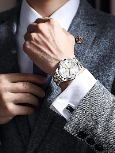 Miniatura 3 de OLEVS Reloj de lujo para hombre, vestido analógico de cuarzo, acero inoxidable, impermeable, luminoso, fecha, diamante, negocios, dos tonos, reloj