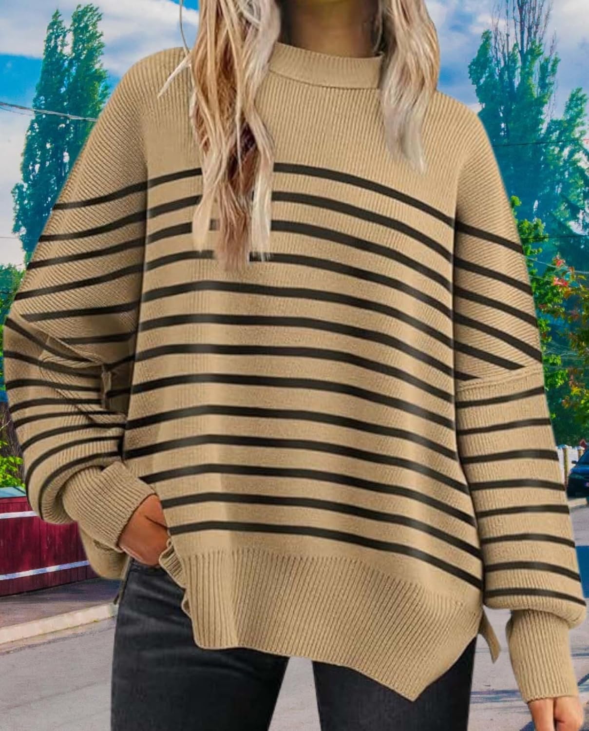 2025 Fall Womens Oversized Batwing Sweater Fashion Crew Neck Knit Side Slit Cozy Fall and Winter Pullover Sweater - Image 5