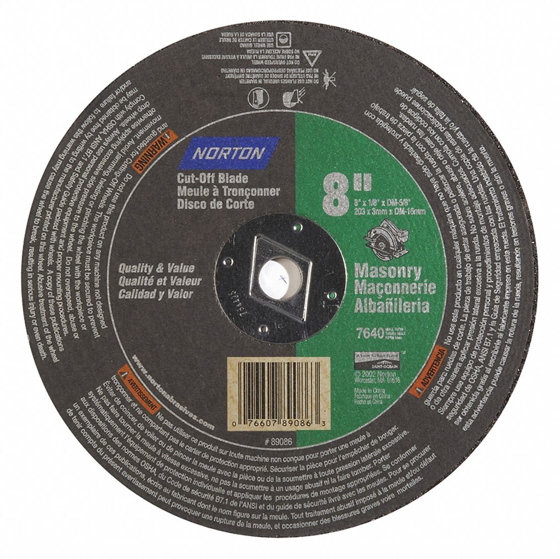 8" Type 1 Silicon Carbide Abrasive CutOff Wheel, 5/8" Arbor, 0.125