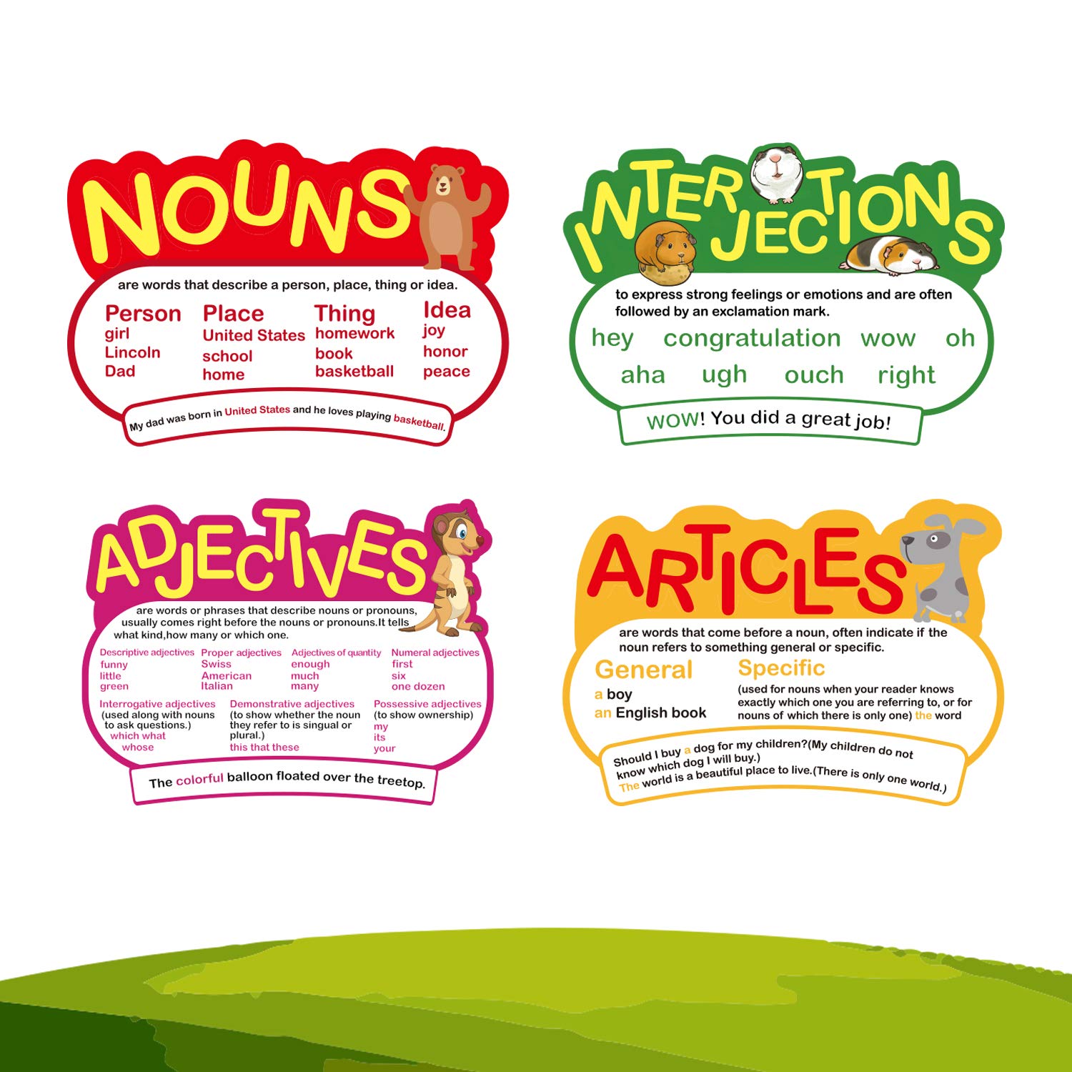 10 Piece Parts of Speech Poster Grammar Educational Poster Kit with 88