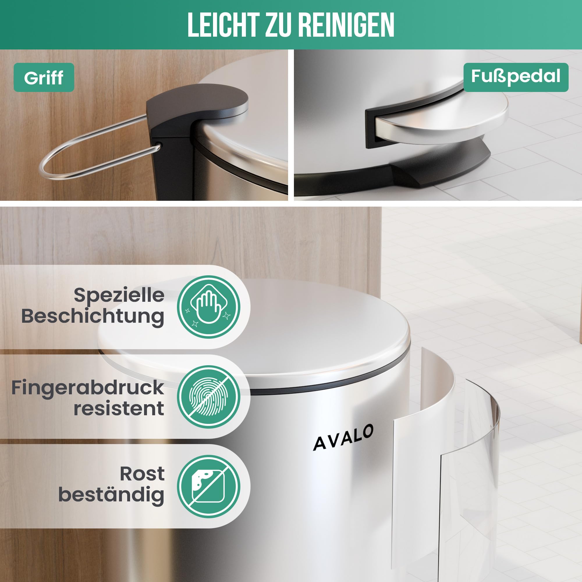 Avalo Treteimer 30L - Edelstahl Silber - Soft Close - Abfalleimer 30 Liter - Mülleimer 30 Liter