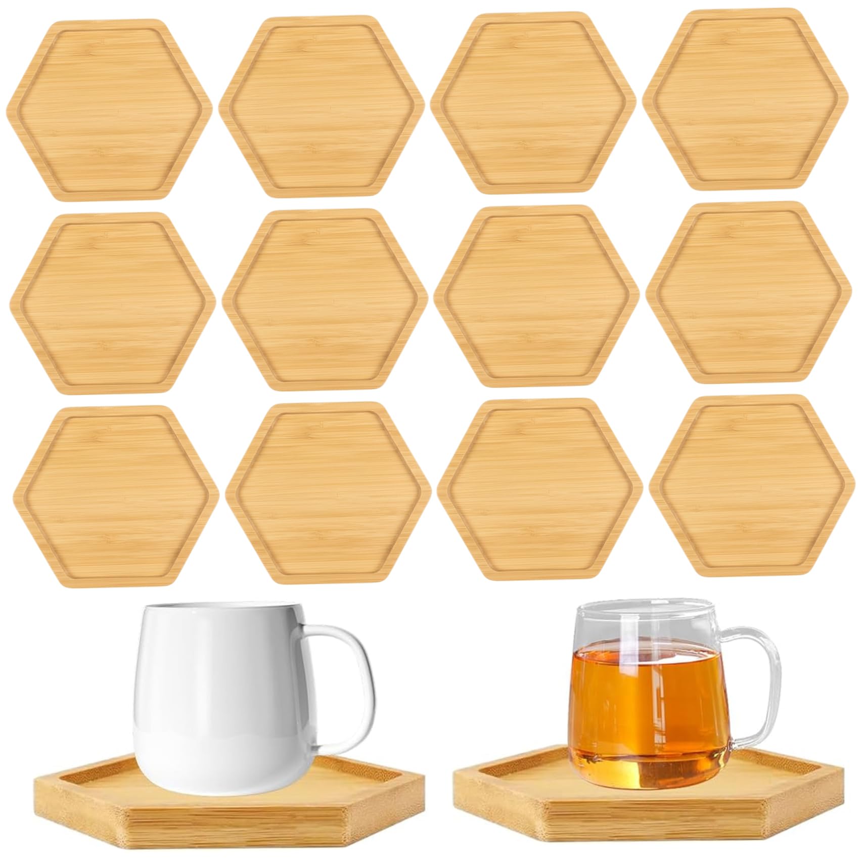 Ginwrek Bamboo Coasters 12 Pack Wooden Coasters for Crafts, Natural Bamboo Hexagon Shape, DIY Unfinished Wood Coaster for Drinks, Home Table Desk Decor