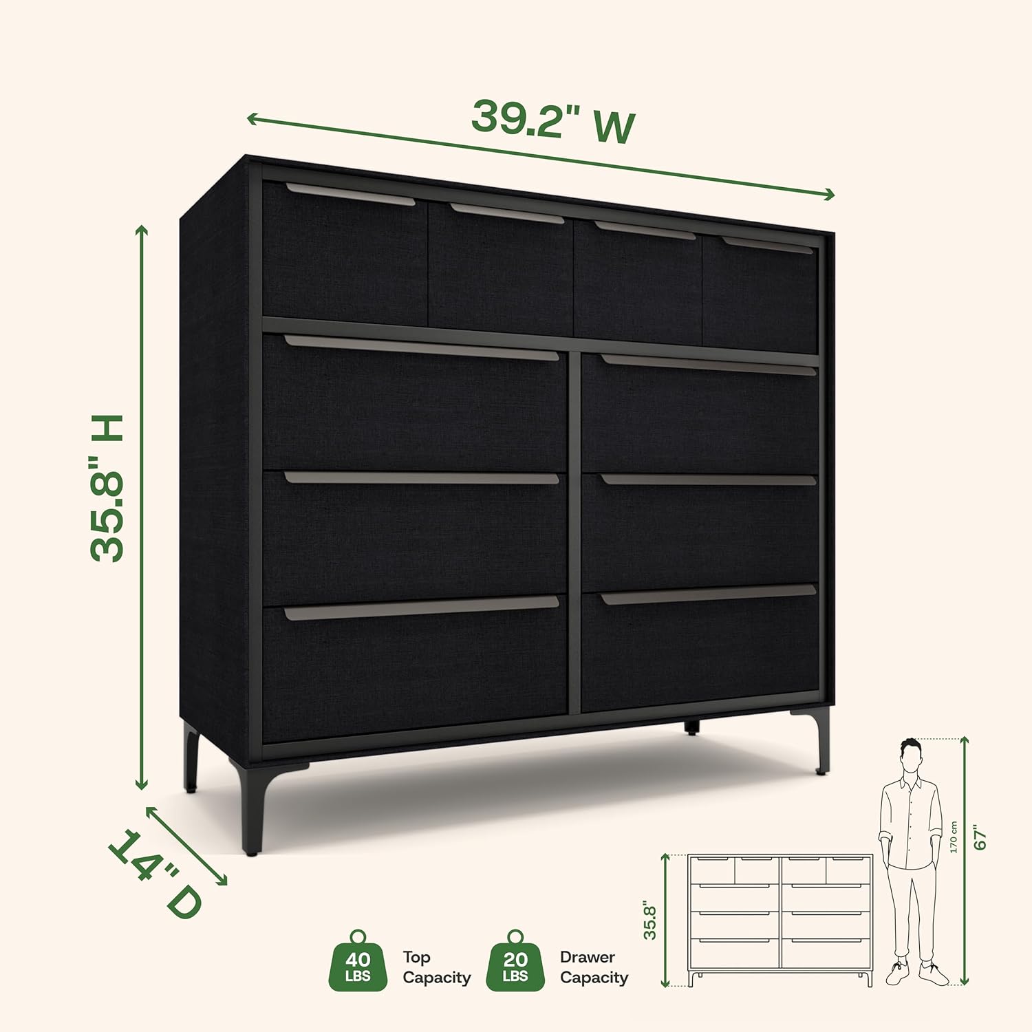 tinge Naima Premium 10 Drawer Fabric Dresser - Heavy Duty Metal Frame with Sag-Proof Storage Drawers for Clothes - Durable Midnight Black Bedroom Chest & Sleek Metal Handles