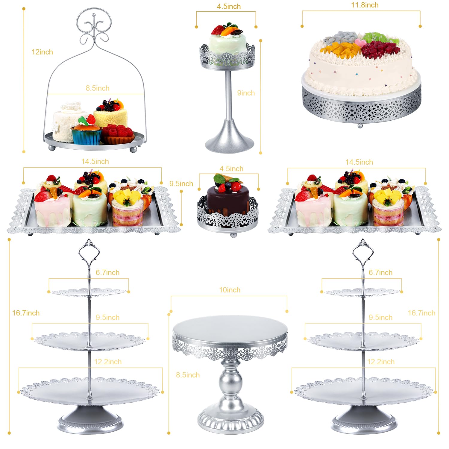 ZUMELER Alzata per torte argentata per cupcake e dessert, set di 3 vassoi a 3 livelli per biscotti e caramelle, piatti da portata per baby shower, matrimoni, tea party, 9 pezzi in metallo