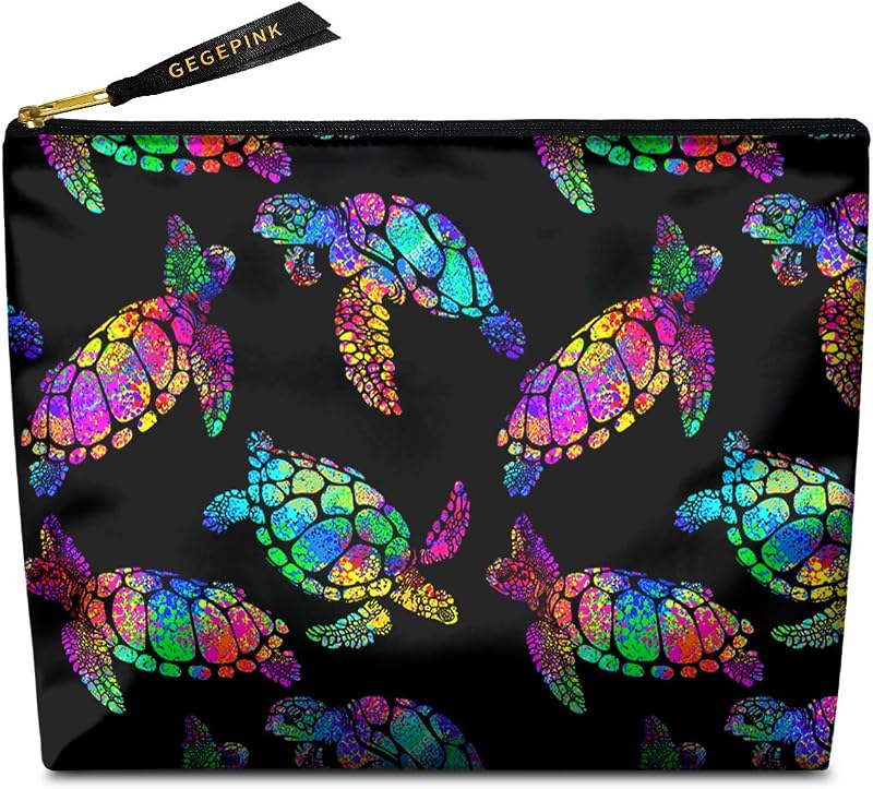 Necessaire de maquiagem GEGEPINK com zíper e estampa Rainbow Turtle, 25,4 x 20,32 x 1,27 cm
