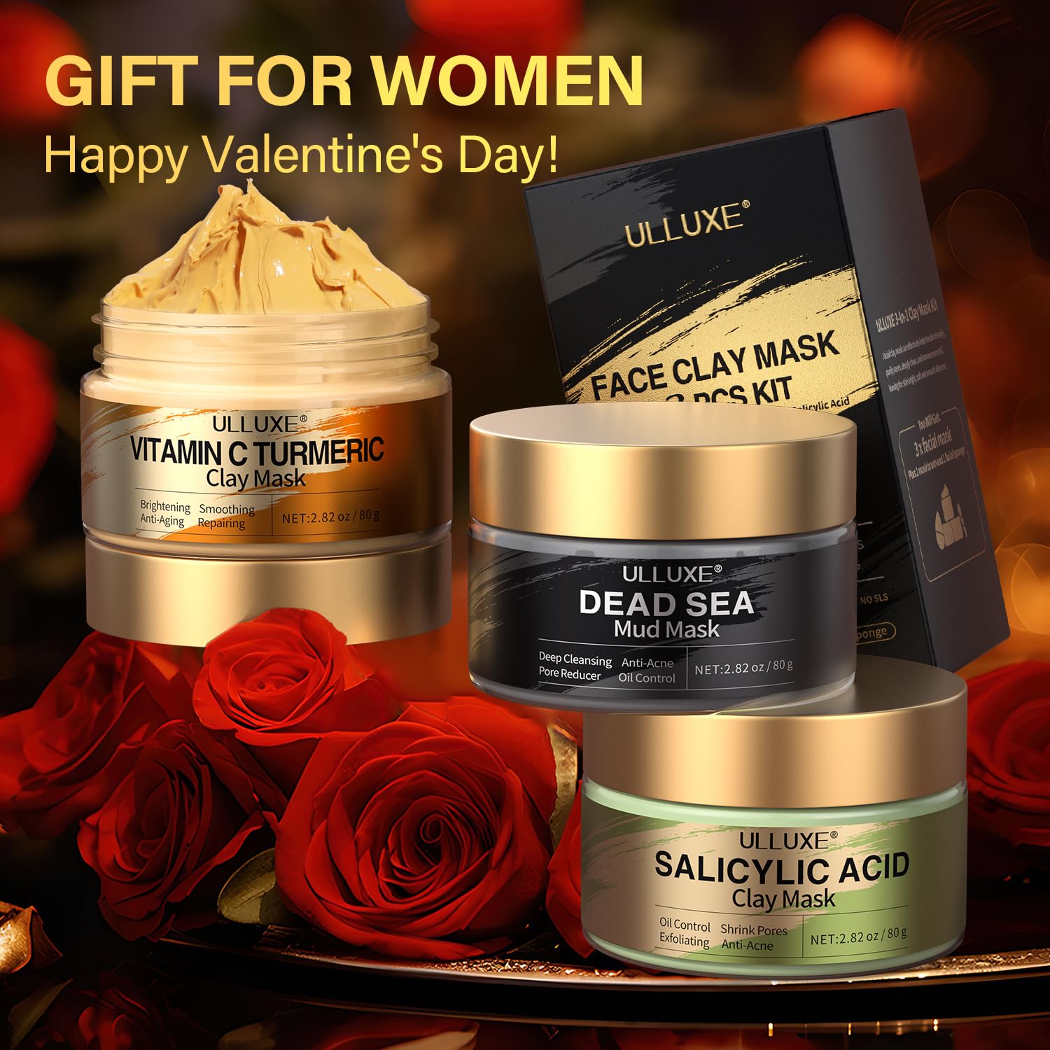 Facial Clay Mask Set - Vitamin C Turmeric Face Mask, Dead Sea Mud & Salicylic Acid (BHA) Mask for Pore Cleansing, Brightening, Blackheads & Dark Spots, Face Masks Skincare Gift for Women, 2.82 oz each - Image 2