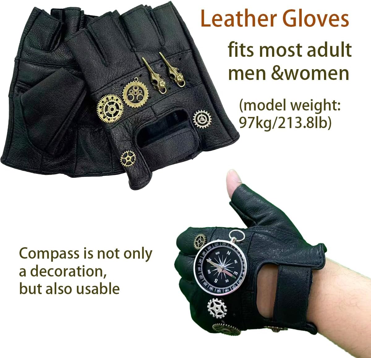 Leather Steampunk Gloves Gears Gothic Mens Rocker Punk Accessories Fingerless Mittens Black - Image 6