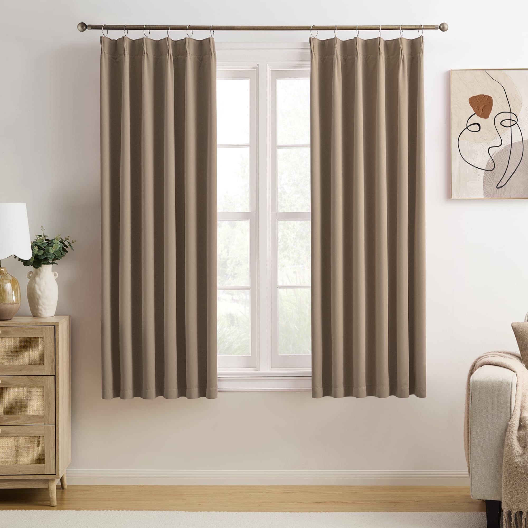 KEQIAOSUOCAI Blackout Bedroom Curtains 63 Inches Long, Pinch Pleated Thermal Drapes for 62 Inch Bay Windows