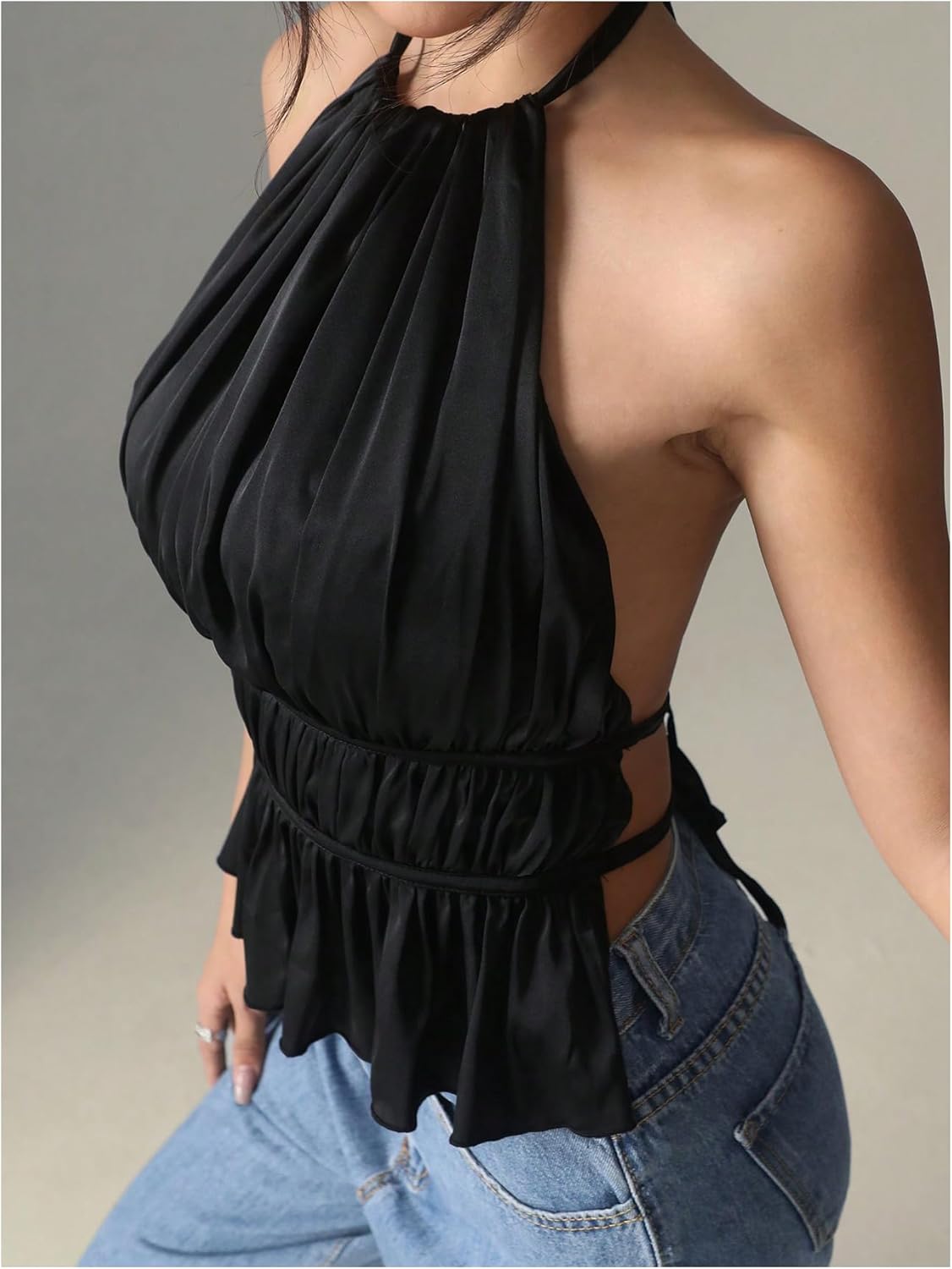 MakeMeChic Halter Tops for Women Going Out Tops Y2k Ruffle Cute Summer Backless Top - Image 3