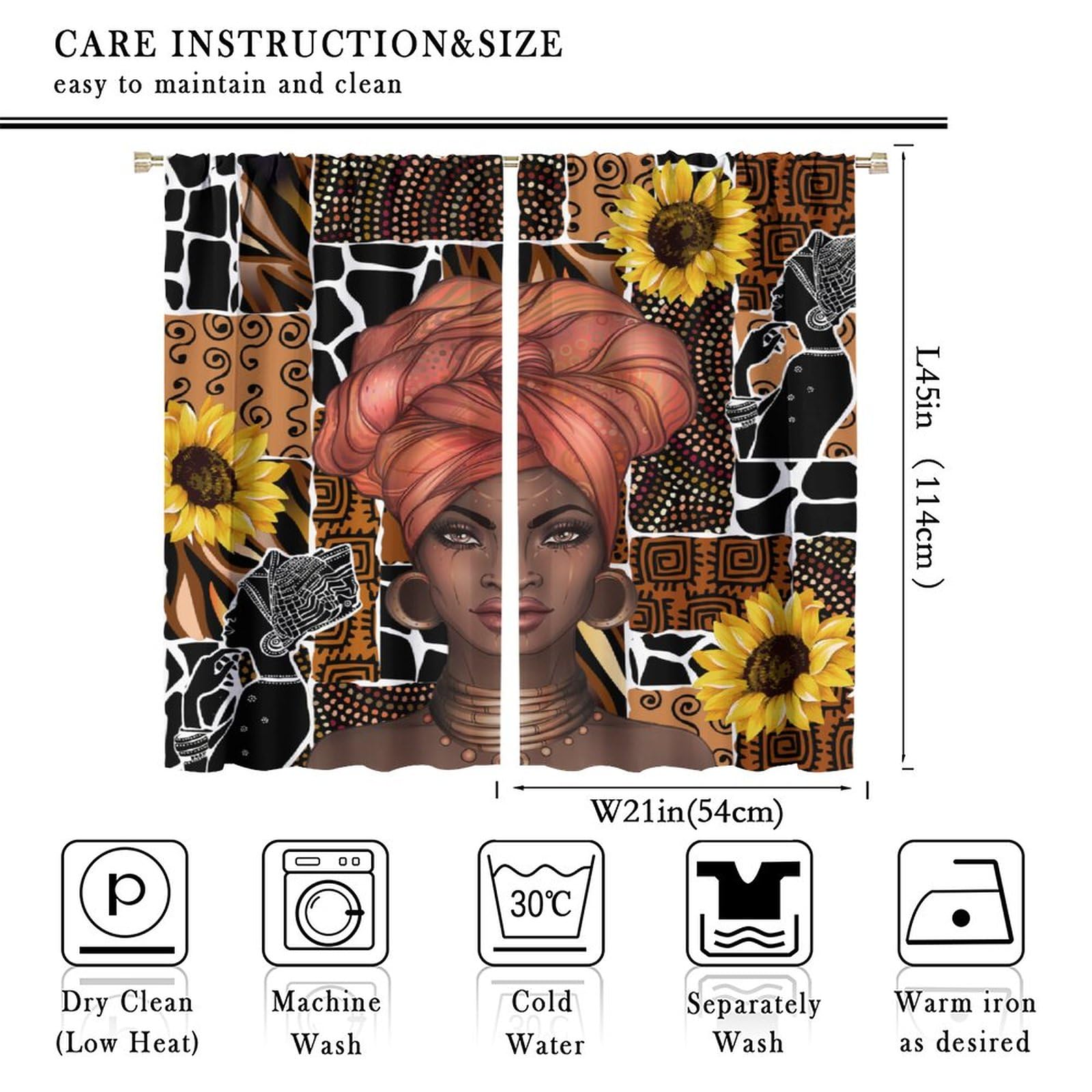 JESTRONRY Black Girl Curtain,Sunflower Elegant African American Lady Boho Theme Blackout Rod Pocket Window Drapes for Living Room Bedroom Bathroom 42x45in