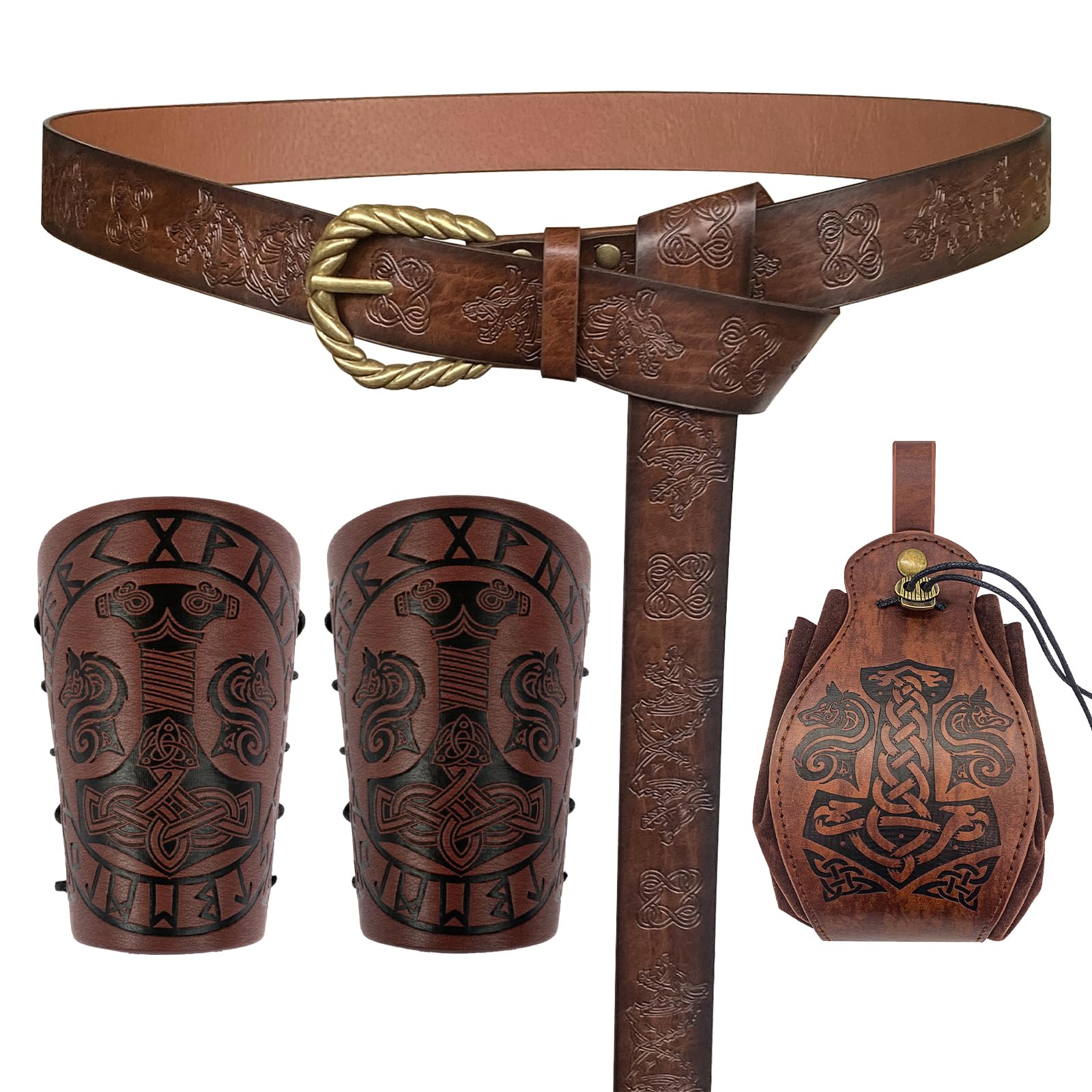 EpicCos Viking Wolf Head Belt Set Embossed Mjolnir Bracers&amp;Pouch for LARP