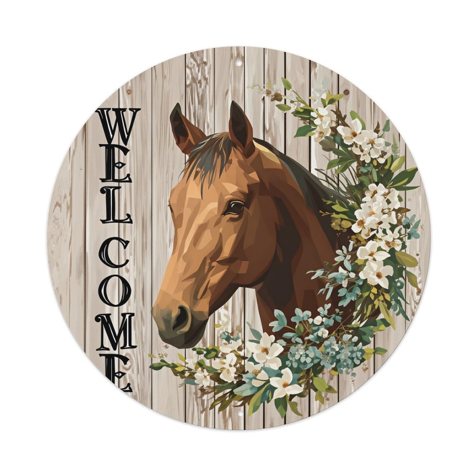 Horse Floral Welcome Sign Art Round Tin Sign Vintage Metal Poster, Home Bar Garage Man Cave Cafe Indoor & Outdoor Wall Decoration 8x8Inches