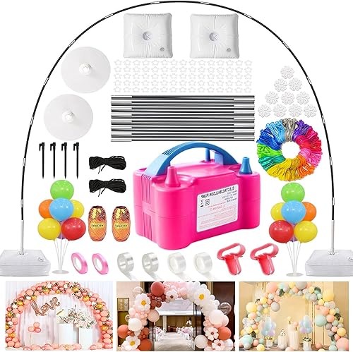 Kit de arco de globos con bomba de globos, 9 pies de alto y 10 pies de ancho ajustable para arco de globos, marco de arco de globos con base para