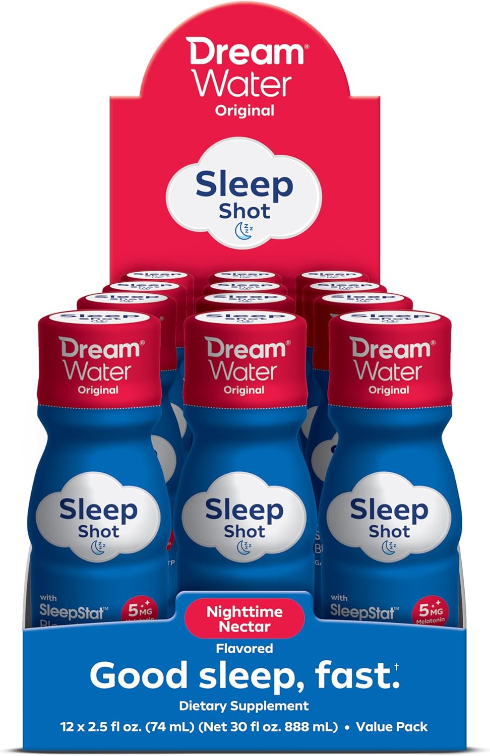 Dream Water Sleep Aid Supplement Drink; Melatonin 5mg, GABA, 5-HTP; Zero Sugar, Natural Flavors, No Added Colors, 2.5 oz Liquid Sleep Shots, Nighttime Nectar, 12-Count - Image 2