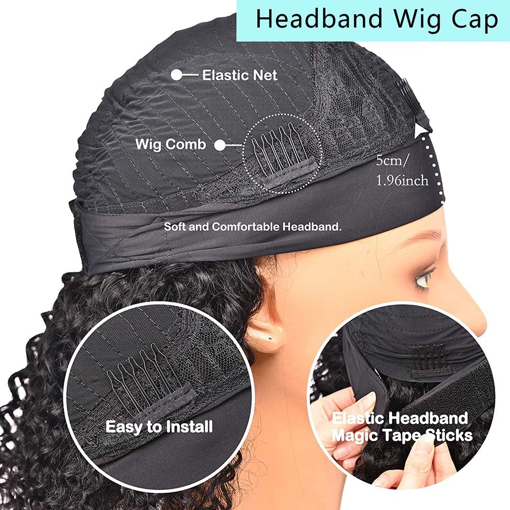 XSY Perruque Bandeau Cheveux Humain Deep Wave Headband Wig Human Hair Perruques à Bandeau BoucléEs Pour Femmes Noires Heveux Vierges BréSiliens Densité 150% Couleur Naturelle 12 Pouces