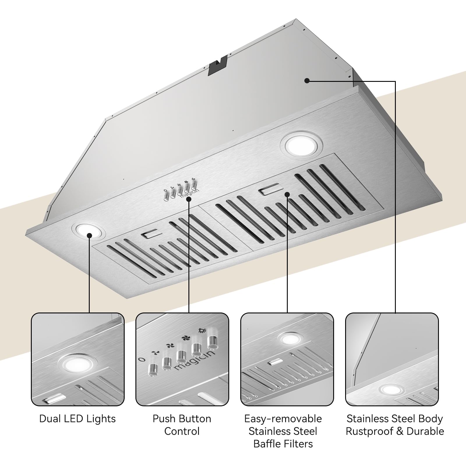 Built-in/Insert Range Hood 30 inch, 600 CFM 3 Speed Vent Hood, Ducted/Ductless Convertible, Stainless Steel Kitchen Exhaust Fan Hood with Bright LED Light, Baffle Filters and Charcoal Filters - 5