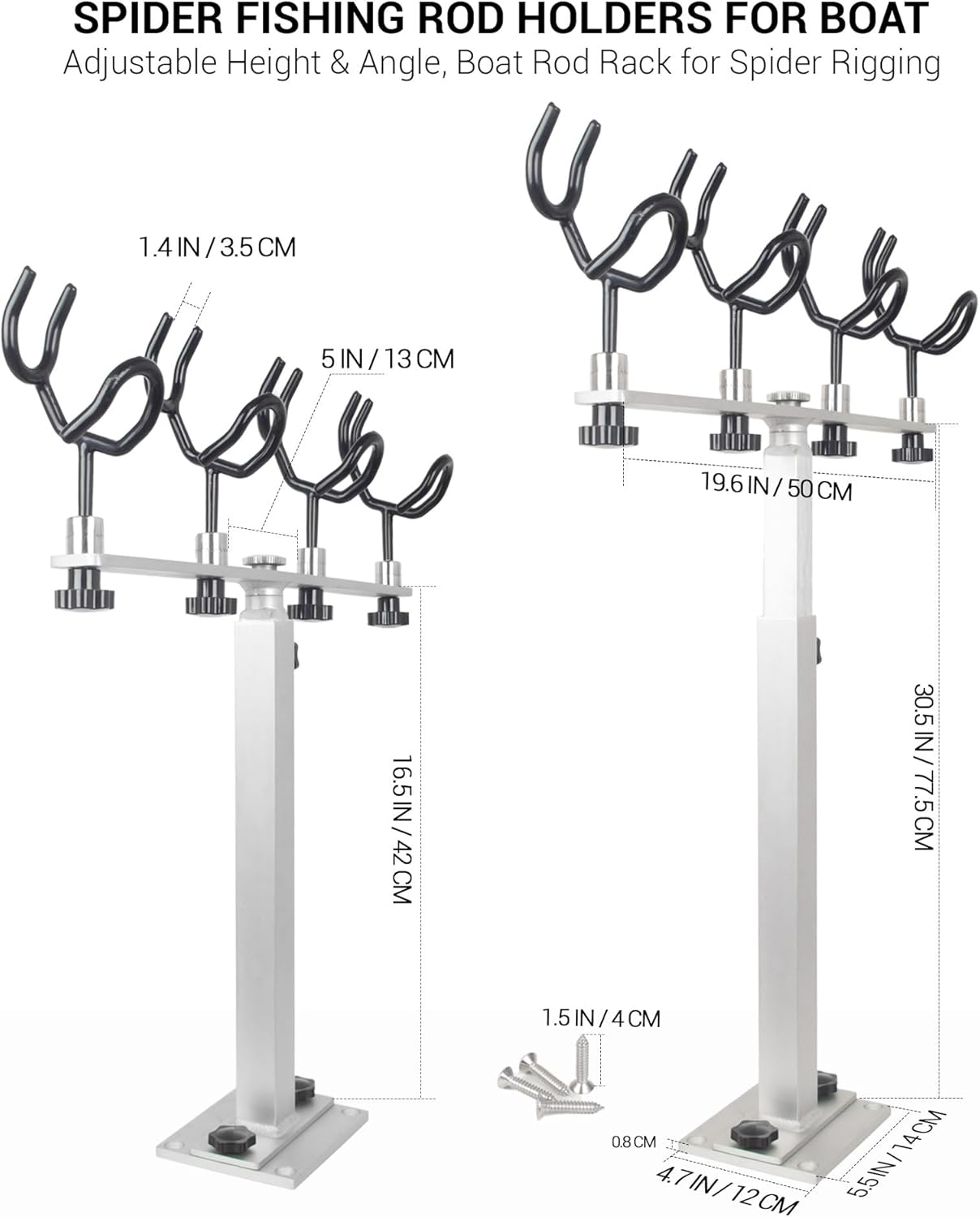 Aluminum Spider Rigging Rod Holder for Boat - 4 Pole Crappie Fishing Rack, Heavy Duty 6063-T5 Marine Grade Aluminum, 16.5"-30.5" Adjustable Height Square Tube Support for Catfish & Trolling