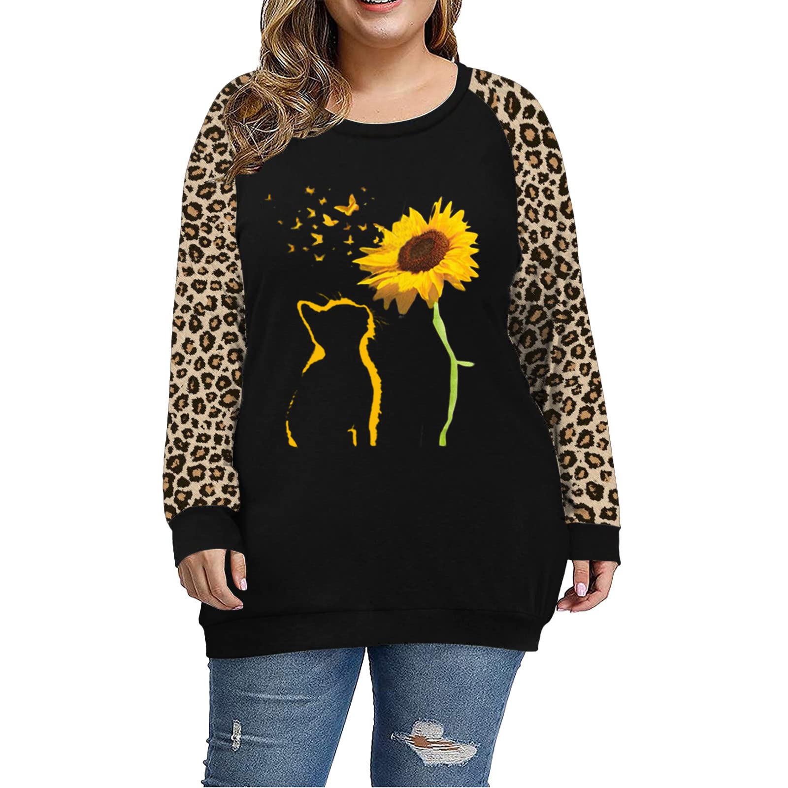 MisakyPlus Size Tops for Women Color Block Flower/Striped/Camo Crew Neck Long Sleeve Tee Shirt