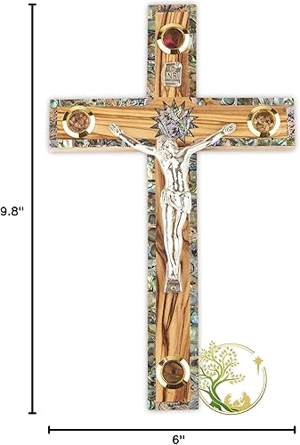 Miniatura 5 de Crucifijo de pared de madera de olivo de Jerusalén Crucifijo de plata con diseño de nácar - Estrella de Belén en una cruz de madera - Hecho en la