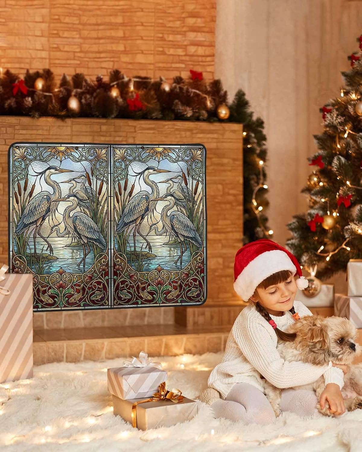 Vintage Cranes Magnetic Fireplace Cover, Fireplace Draft Blocker, Country Retro Chic Glass Flower Textured Fireplaces Blanket for Heat Loss/Cold Air, Fireplaces Draft Stopper Cover for Inside 36"x30"