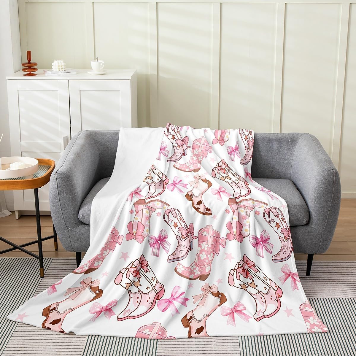 Feelyou Cowgirl All Season,Bed Blanket Set Pink Bowknots Plush Throw Blanket, for Sofa Couch Kids Western Cowboy Boots Flannel Fleece Blanket Dreamy Princess Bow Bedroom Collection Twin 60"x80"
