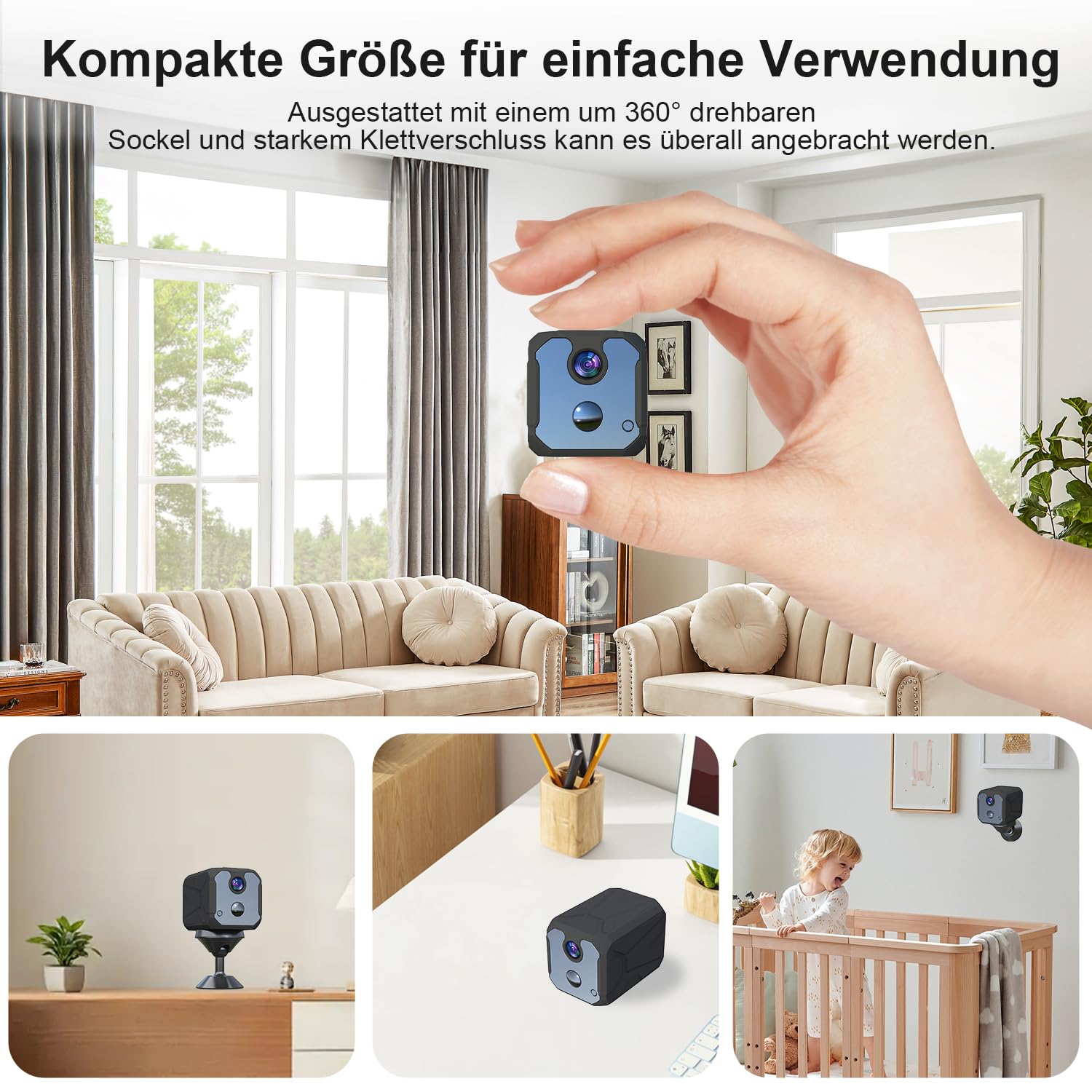 Mini Kamera 2.4 GHz WLAN Überwachungskamera Innen Akku mit Nachtsicht | Kameraüberwachung überwachung innen mit Bewegungserkennung Cloud &SD Speicher/Echtzeit-Video Kamera für Zuhause Haustier Baby