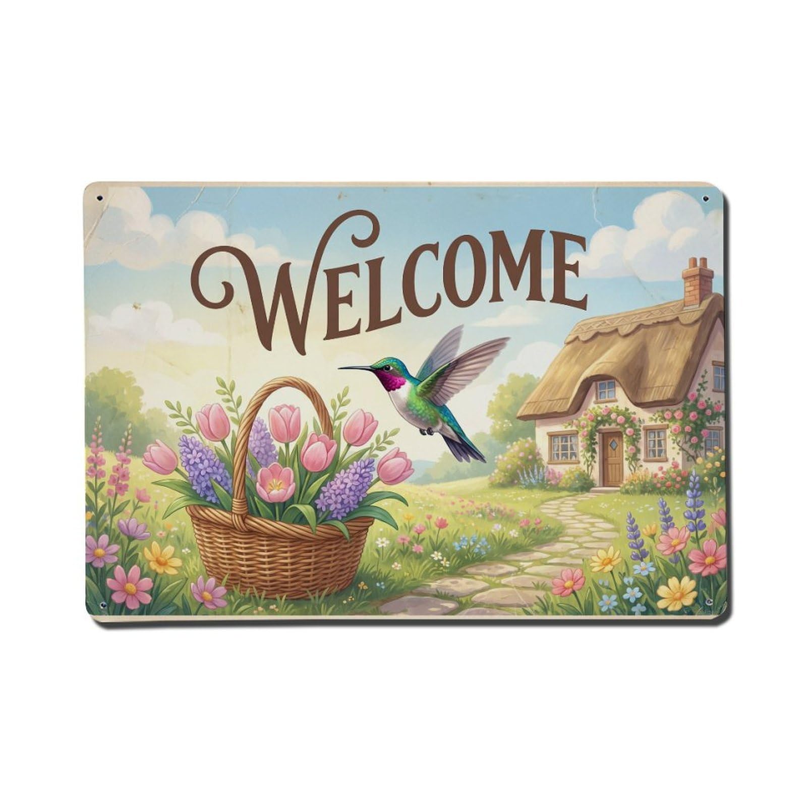 Vintage Welcome Hummingbird Easter Joy Metal Tin Sign