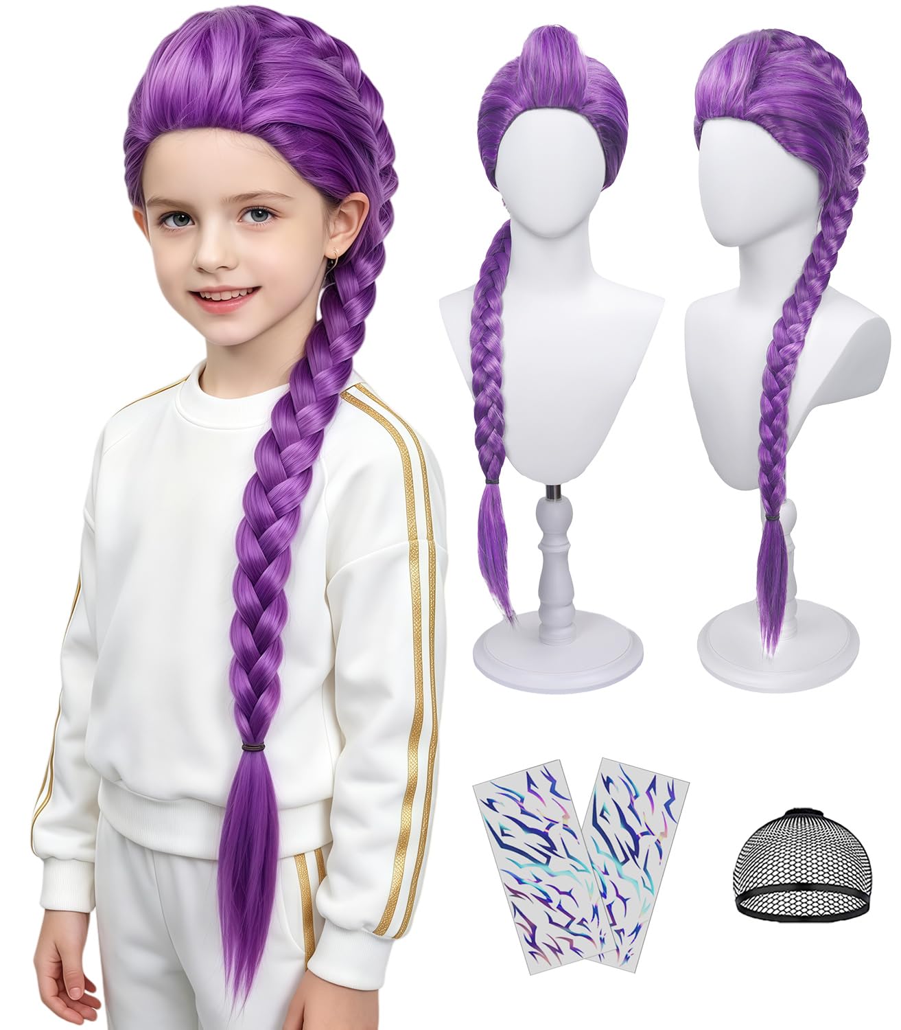 24'' Long Purple Braided Ponytail Hair Wig Girls Halloween BU288