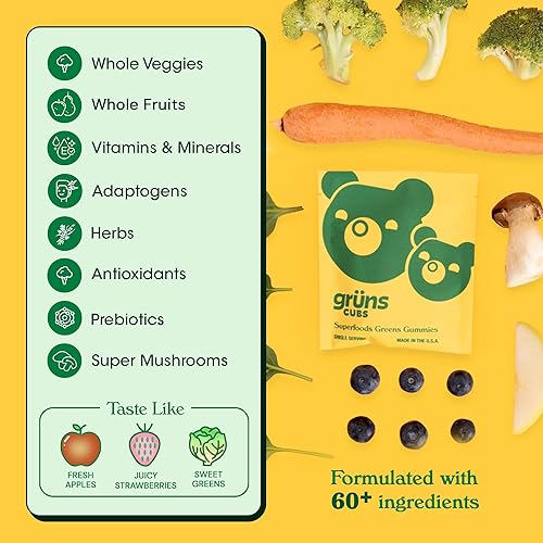 Miniatura 10 de Gruns Kids Vitamins, Super Greens Gomitas, Superfood Gummy Bears sin azúcar con espirulina, clorella, fibra de prebióticos para la salud digestiva,