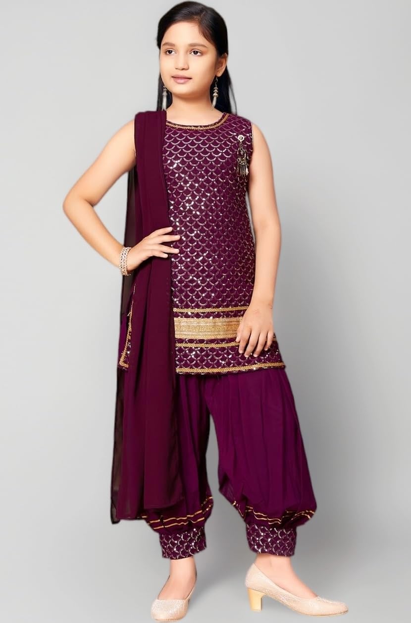 Aarika Girls Ethnic Wear Navy Blue Colour Sequin Embroidery/Lace Work Georgette Kurti Patiala Set With Dupatta