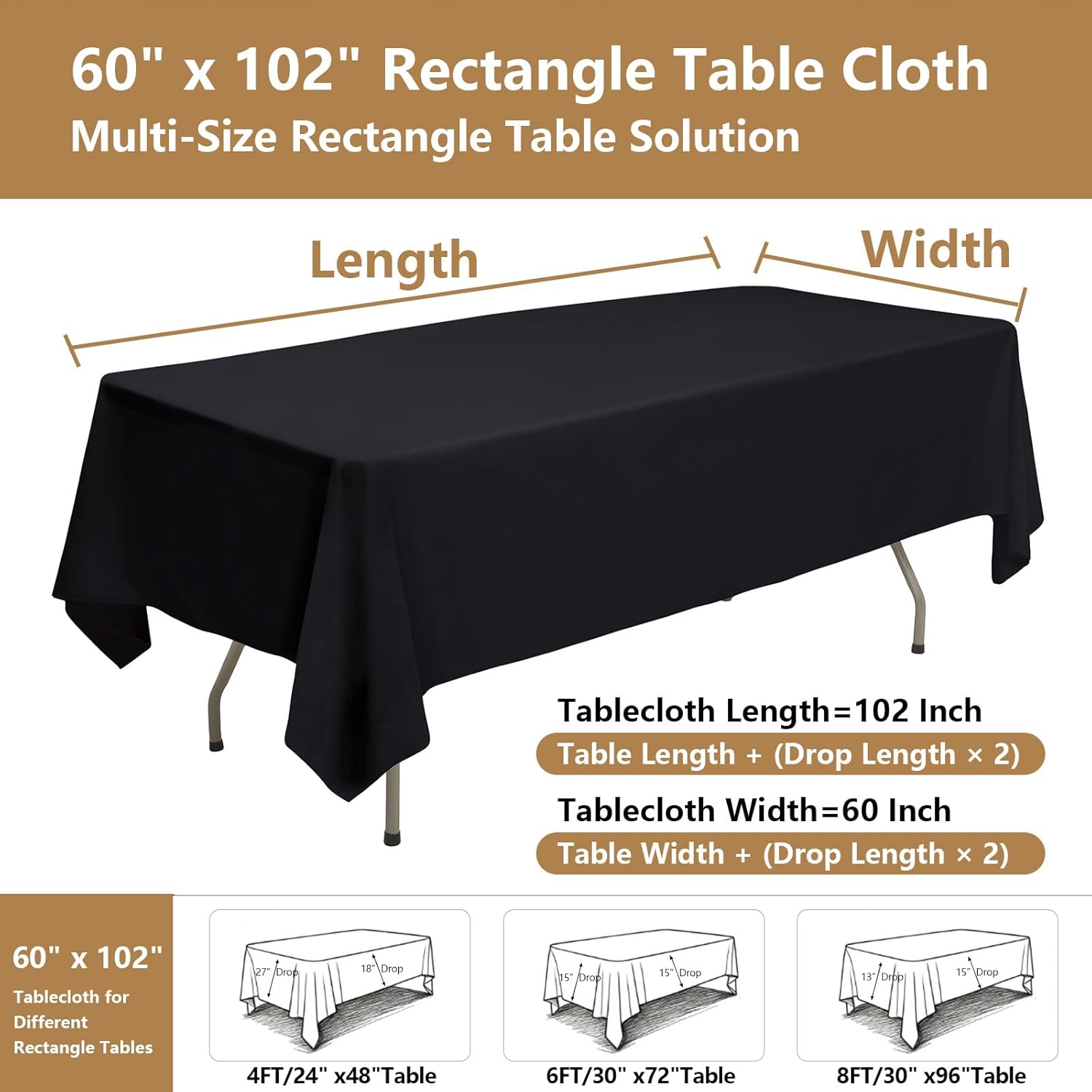 Black Tablecloths Rectangular 10-Pack, 60x102 Inch Table Cloths for 6 Foot Rectangle Tables, Heavy-Duty Polyester Fabric - Stain Resistant Reusable & Washable