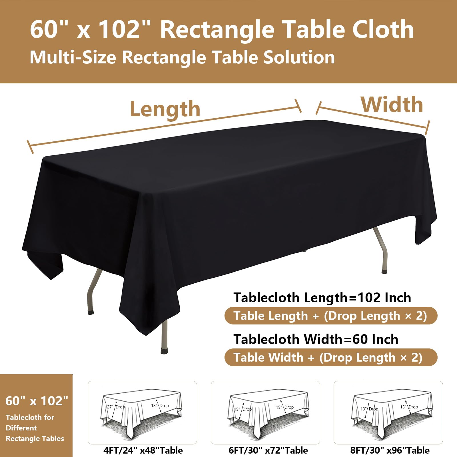 Lot de 10 nappes rectangulaires noires pour tables rectangulaires de 1,8 m x 152,4 cm x 259,1 cm en tissu polyester très résistant, réutilisable et lavable pour mariages, fêtes, banquets