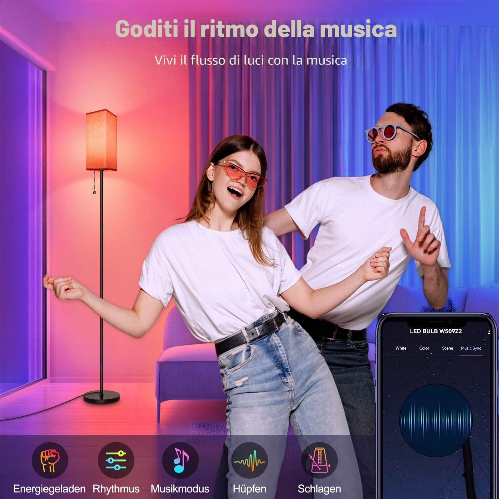 RGBCW - Lampada a stelo per soggiorno, 9 W, E27, 2700 K-6500 K, dimmerabile, con app, funziona con Alexa e Google Assistant, modalità fai da te, modalità musica e funzione timer