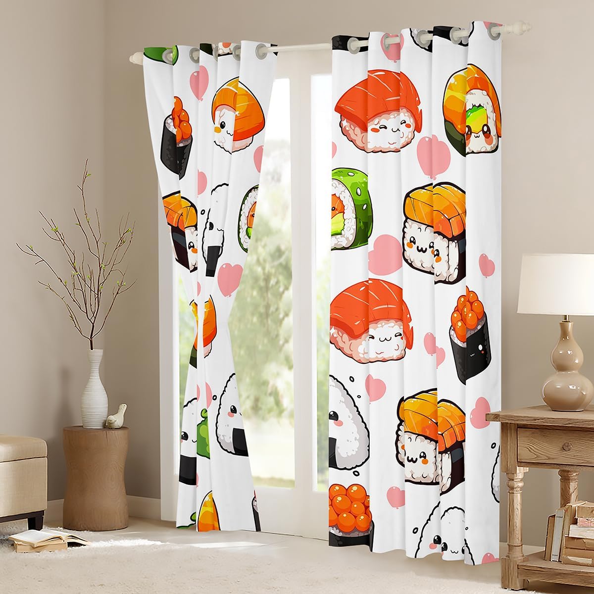 Feelyou Kids Cute Sushi Curtains for Bedroom Japanese Style Kawaii Decor Curtains for Bedroom Lovely Sushi Pink Heart Window Drapes Cartoon Window Treatments Decor (2 Panels， 38 x 45 Inch)