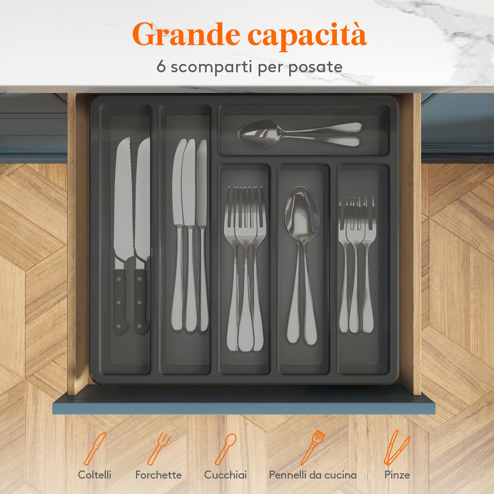 Lifewit Portaposate con Coperchio, Contenitore Porta Posate da Cassetto per Cucina, Organizer in Plastica per Cassetto per Cucchiai, Forchette, Coltelli, 6 Scomparti, Nero