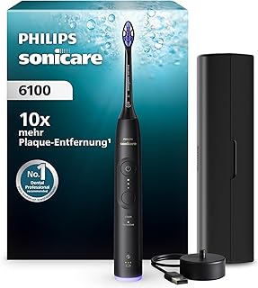 Philips Sonicare Series 6100 Elektrische Zahnbürste – Technologie der nächsten Generation, Drucksensor, 6 Putzeinstellungen, SmarTimer, BrushPacer, 21 Tage Laufzeit, Reiseetui, Schwarz, HX7401/12