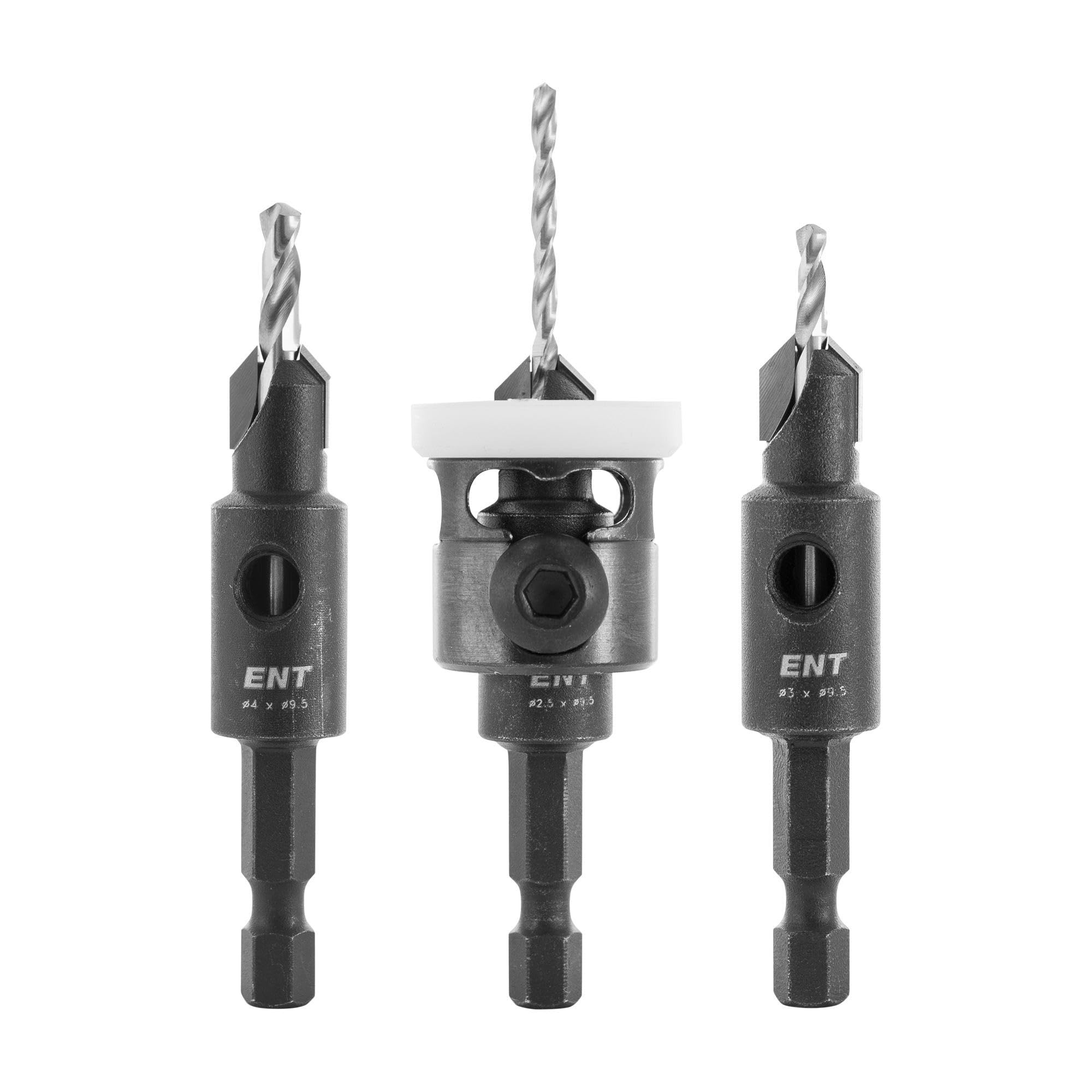 ENT 52400 Senker-Set mit Tiefenanschlag HW Bohrer (D2) 2,5-3,0-4,0 mm, Versenker (D1) 9,5 mm, GL 60 mm, S 1/4" 6-kant