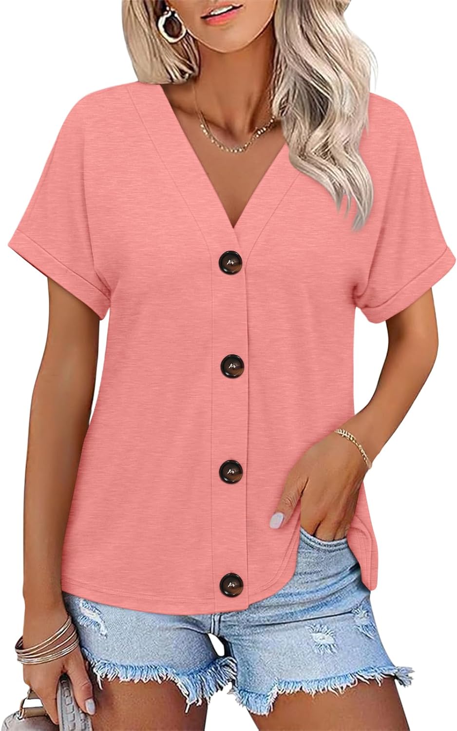 TICTICMISS Womens Summer Tops Short Sleeve Button Down Shirts Casual V Neck T Shirts Trendy Tunic Tops