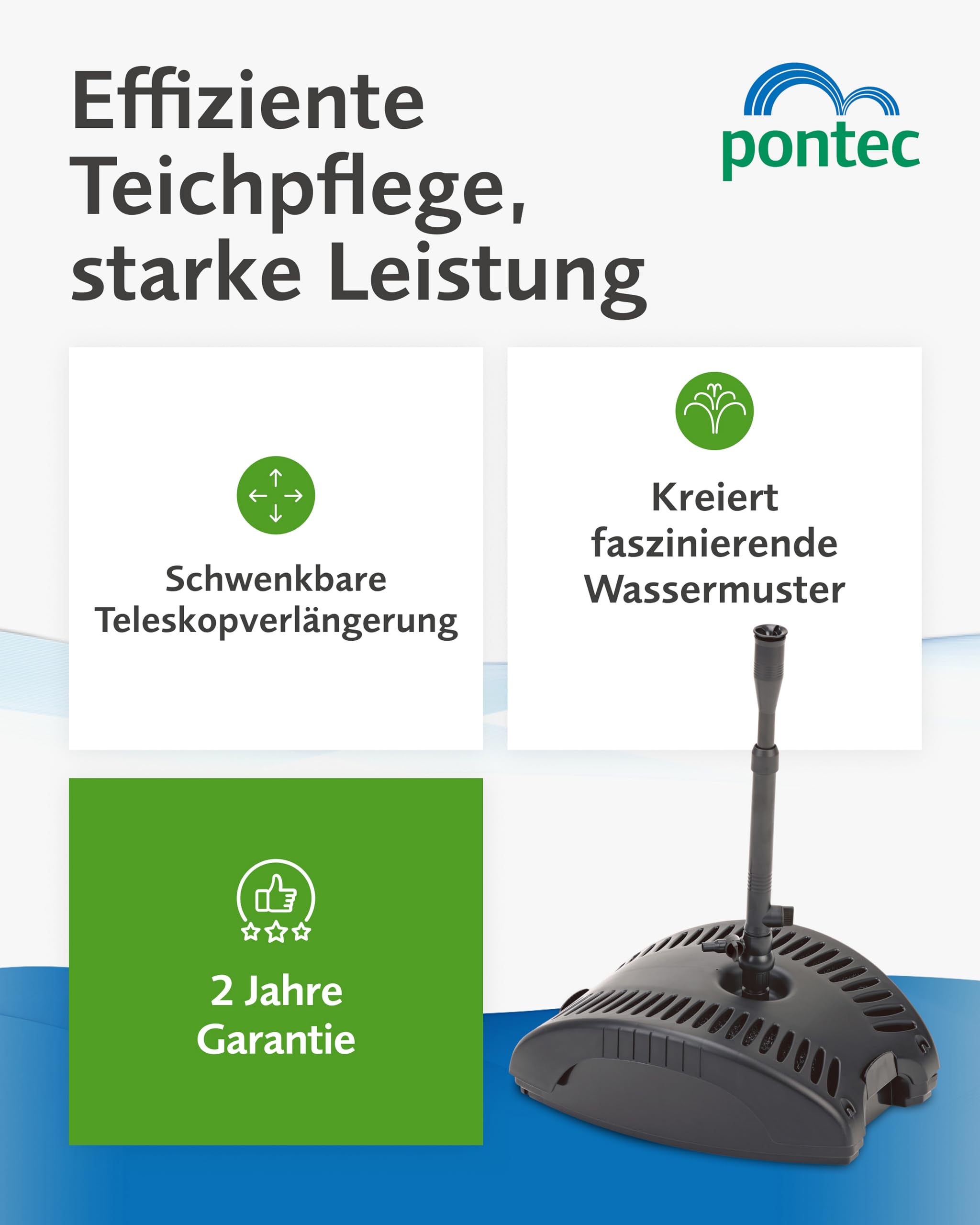 Pontec PonDuett 5000 – 2-in-1 Unterwasserfilter mit Wasserspielpumpe – Teichpumpe mit Filter – Teich Springbrunnen für Teiche bis 5.000 l – Filter mit Springbrunnenpumpe - 4 Fontänenaufsätze