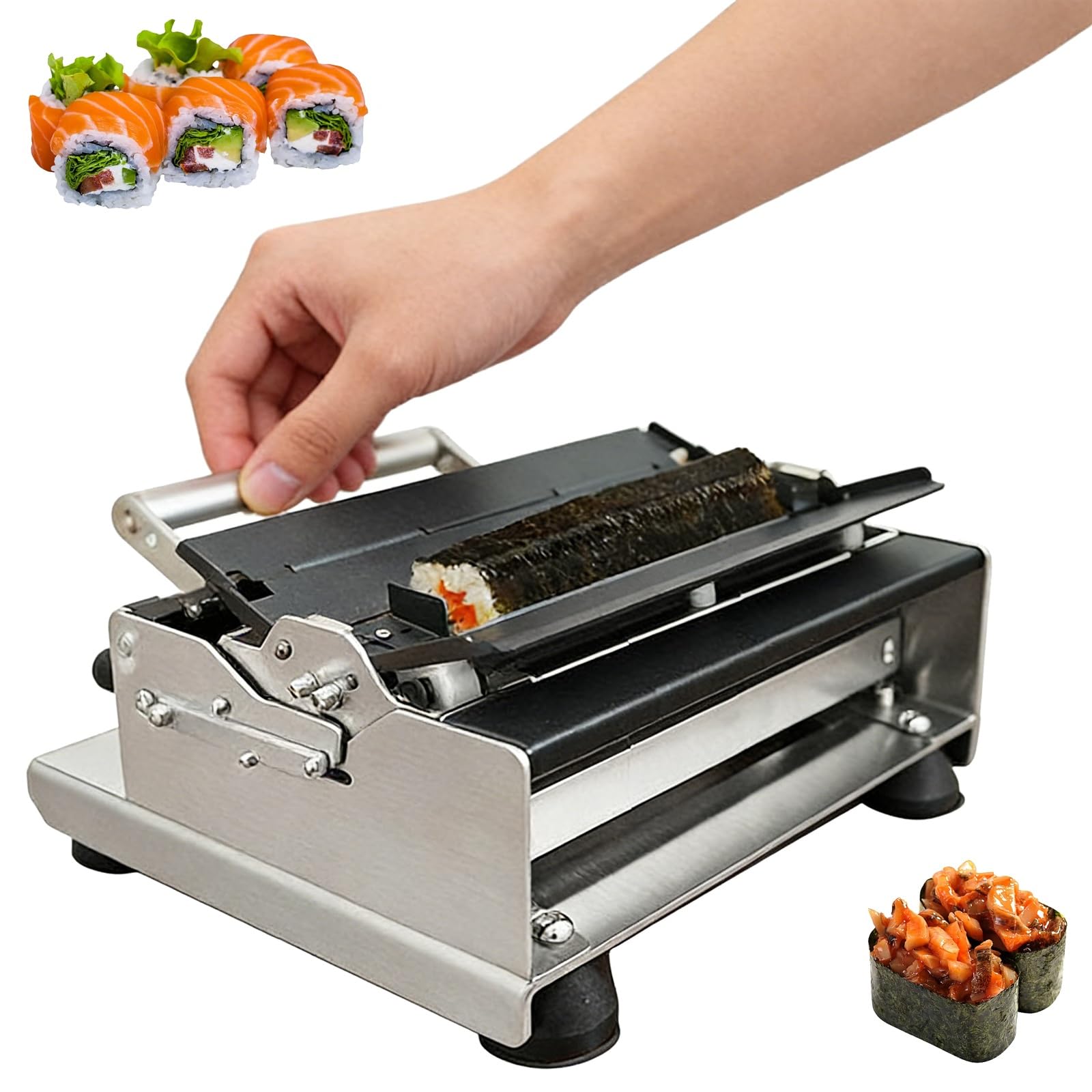 Ręczna maszyna do sushi, zestaw do robienia sushi ze stali nierdzewnej z wymiennymi formami, zestaw form do sushi z szybkim naciśnięciem, do kuchni domowych, kawiarni i miłośników majsterkowania